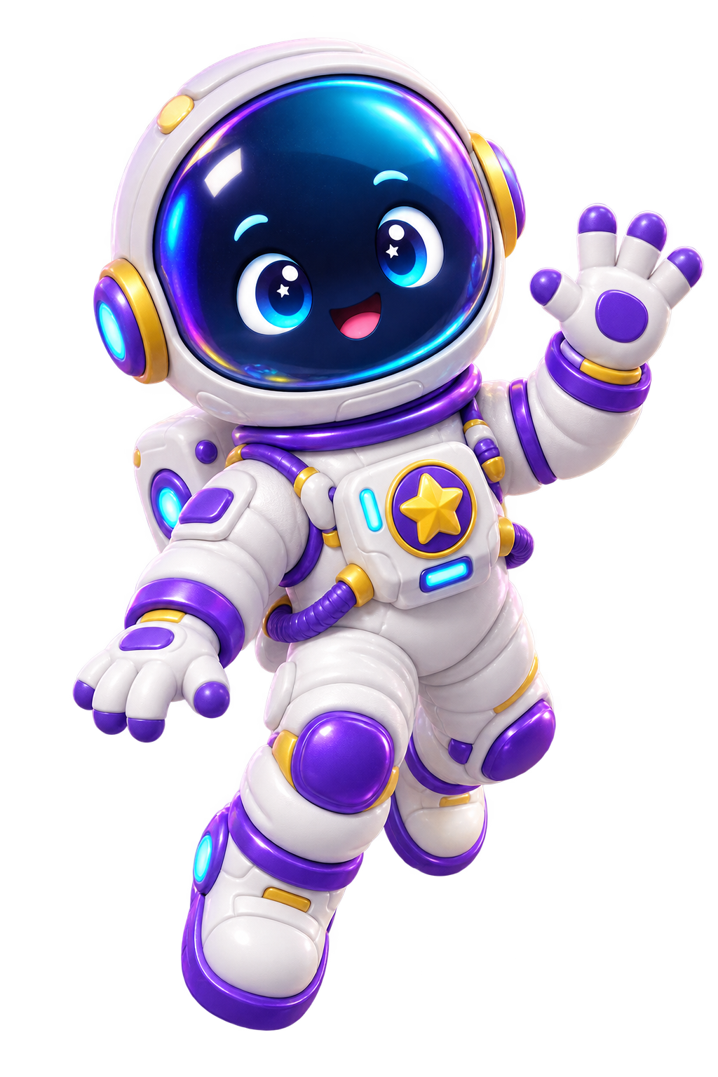 Astronaut kecil tersenyum dan melambaikan tangan