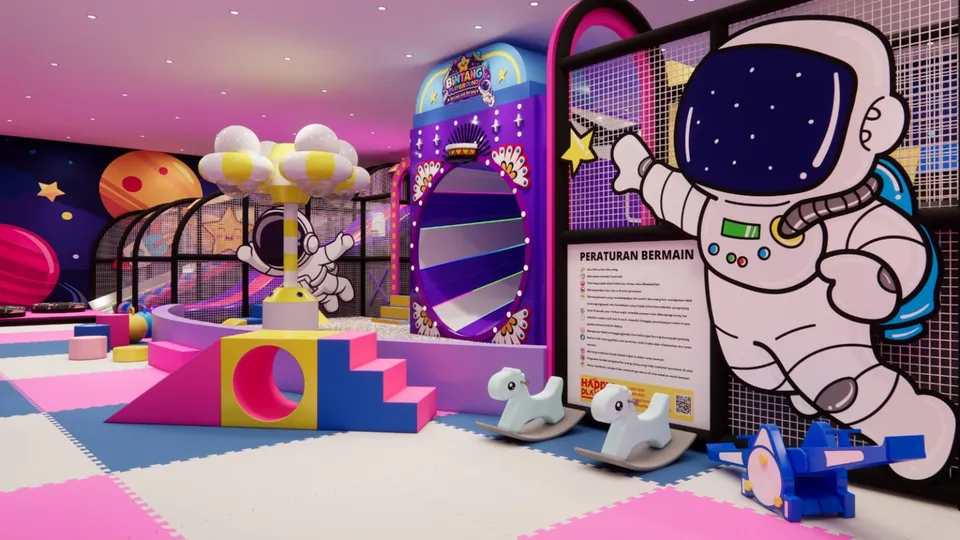 Visual softplay berwarna cerah, terowongan kecil, dan kuda goyang
