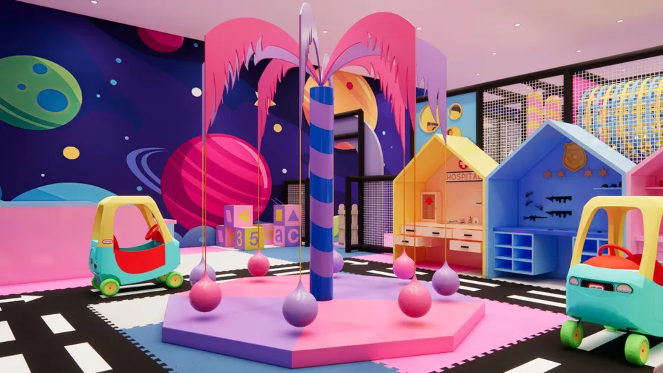 Visual rumah role play, mobil-mobilan, dan permainan gantung berwarna pink