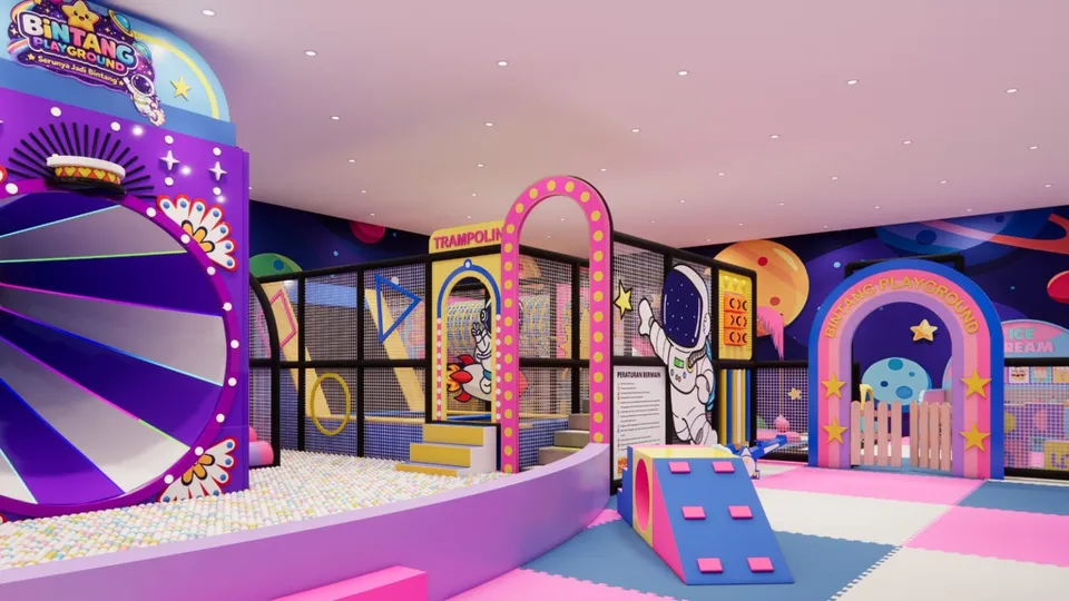 Visual kolam bola, area bertanda trampolin, panel bermain, dan softplay